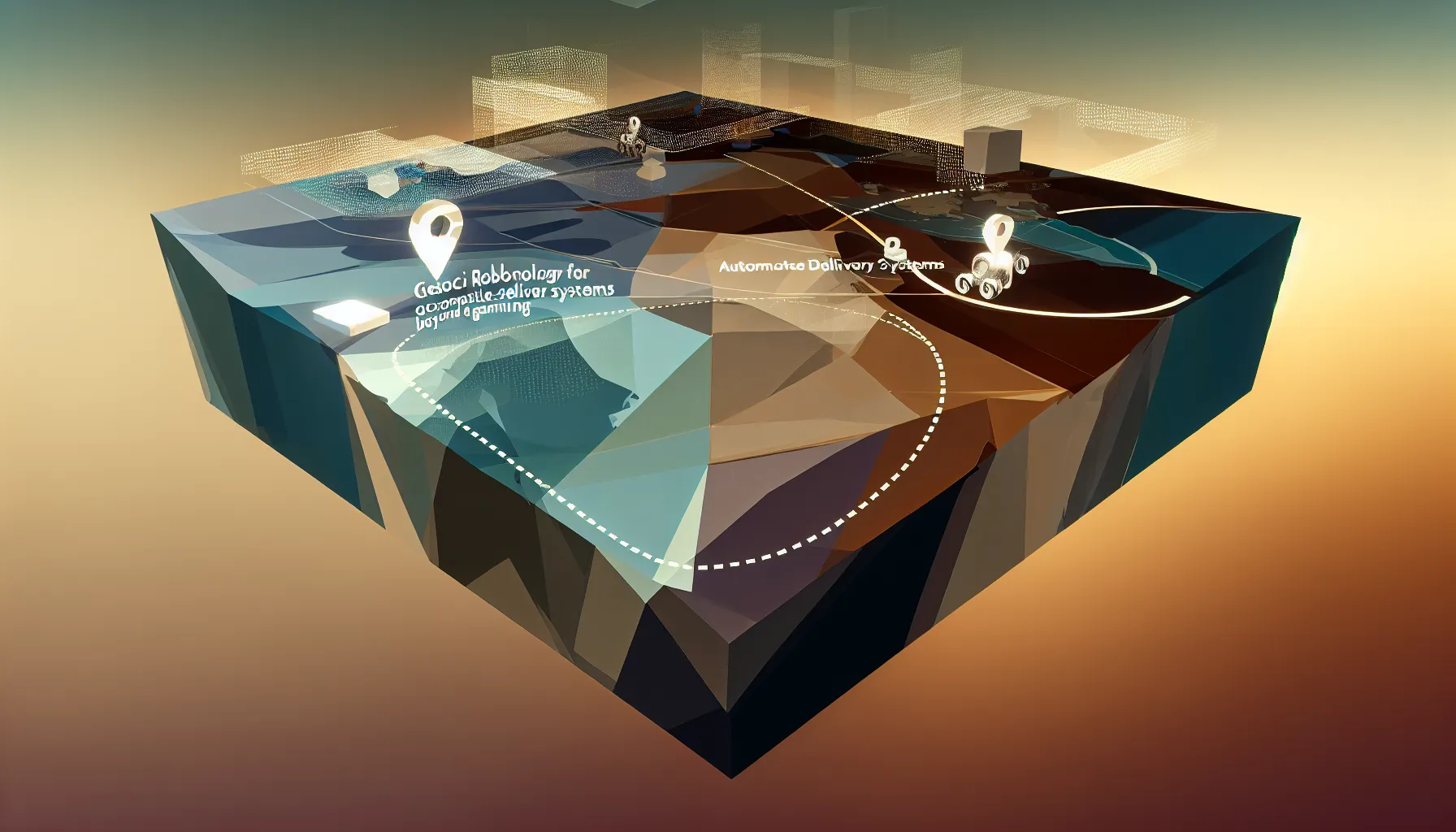 Abstract city-toned illustration representing robots navigating a mapped urban environment.