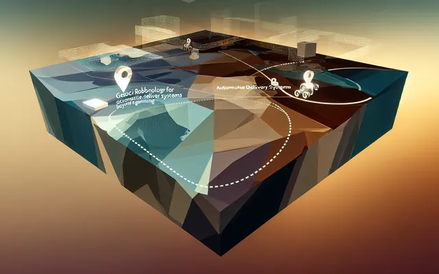 Abstract city-toned illustration representing robots navigating a mapped urban environment.