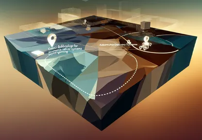 Abstract city-toned illustration representing robots navigating a mapped urban environment.